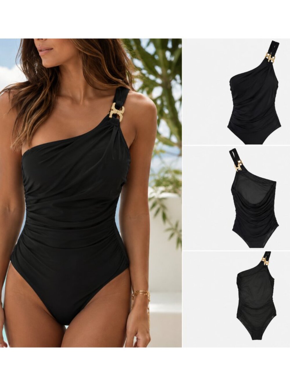 Tory Burch Swimsuit Black Gemini One Shoulder Women’s M Designer Swimwear